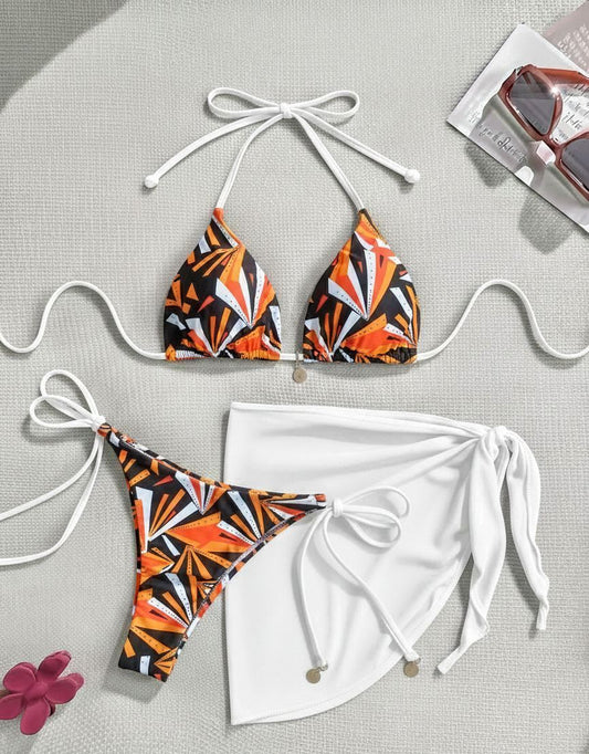Set de bikini estampado Naranja Geométrico con pareo blanco - Soy Caprichosa