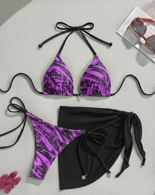 Set de bikini estampado Morado/Negro Abstracto con pareo negro - Soy Caprichosa