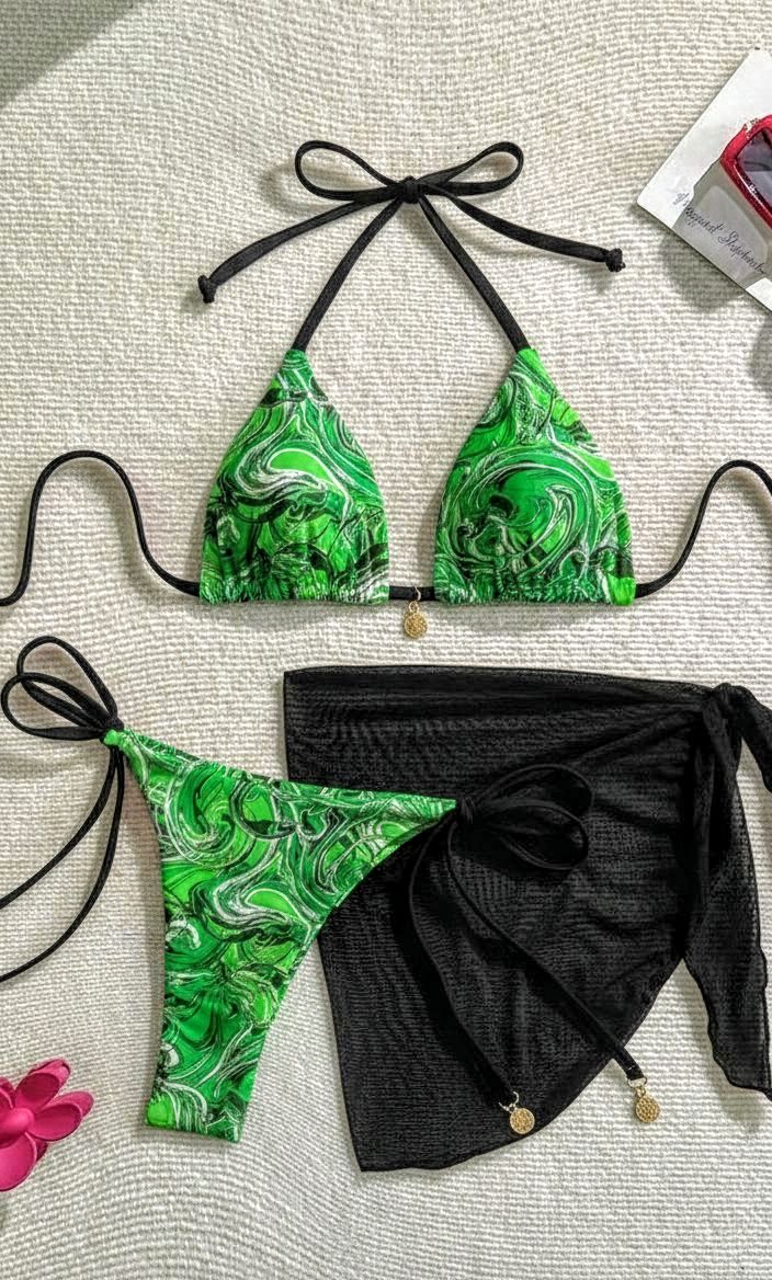 Set de bikini estampado Verde Mármol con pareo negro - Soy Caprichosa